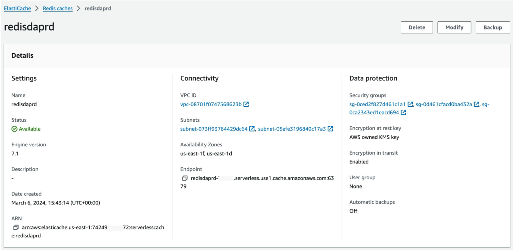 ElastiCache configurations screenshot