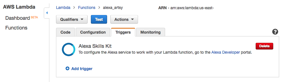 Adding Alexa skills kit trigger