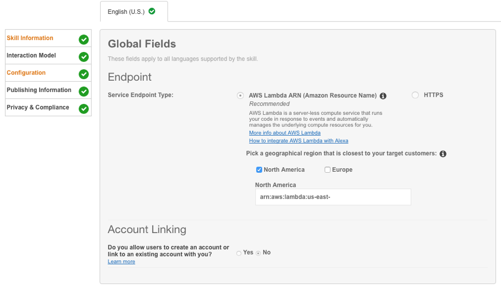 Configuring Service Endpoint in the Alexa Skills Kit
