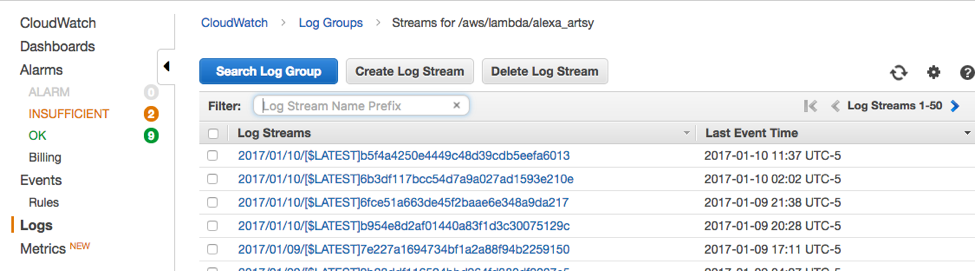 Alexa logs searchable in CloudWatch