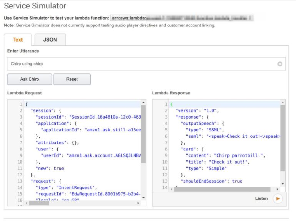 Test the Lambda function the Alexa Toolkit Service Simulator