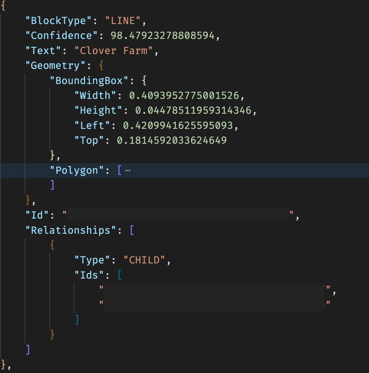 Sample output of Amazon Textract DetectDocumentText