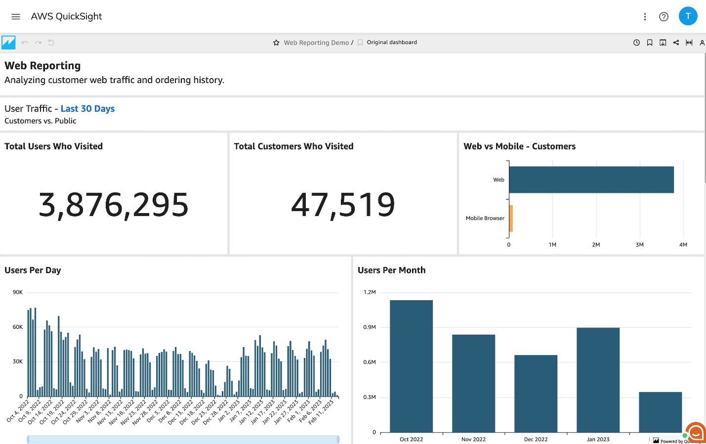 Dashboard reporting customer web traffic and ordering history
