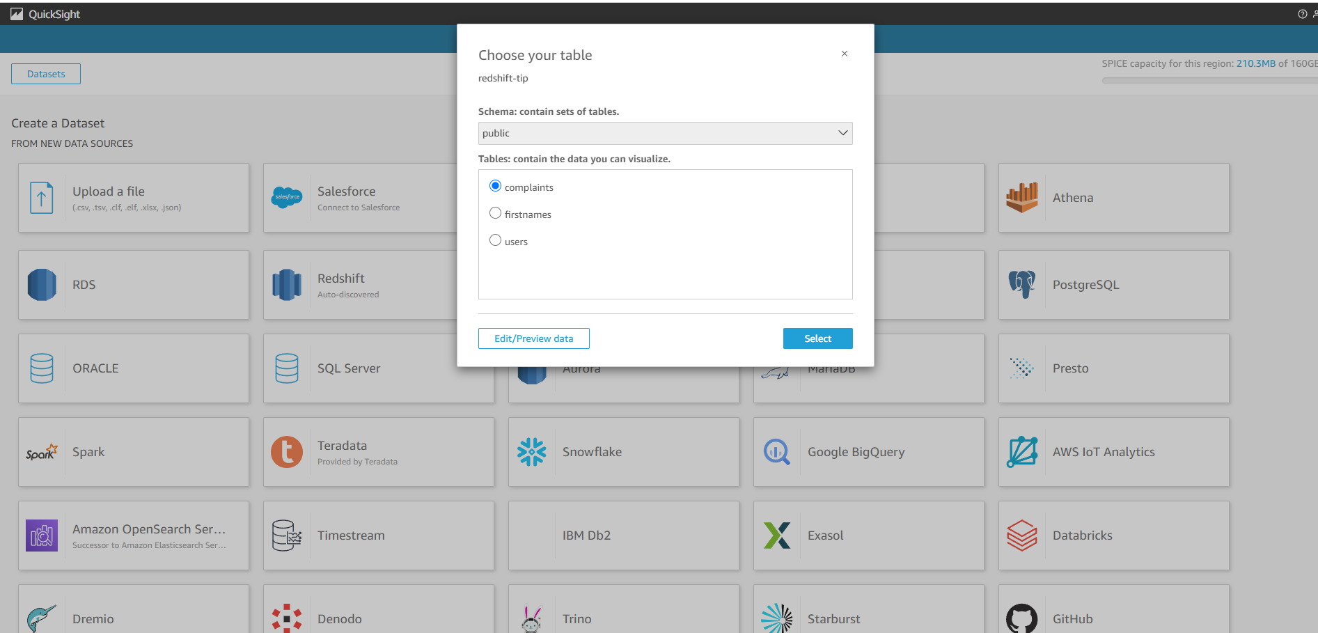 Figure 7: Choose a table for the dataset