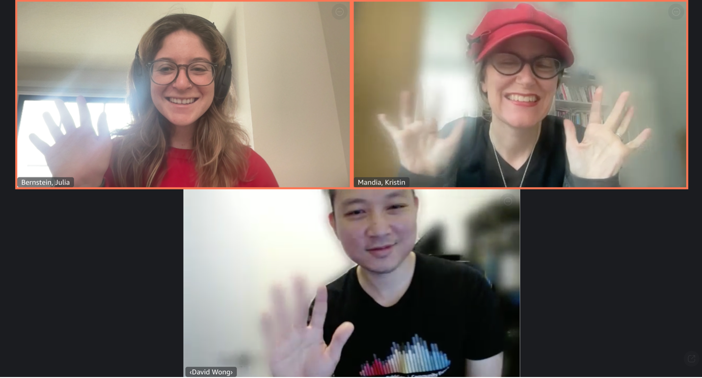 screenshot of David Wong, Julia Bernstein, and Kristin Mandia on a Chime video call