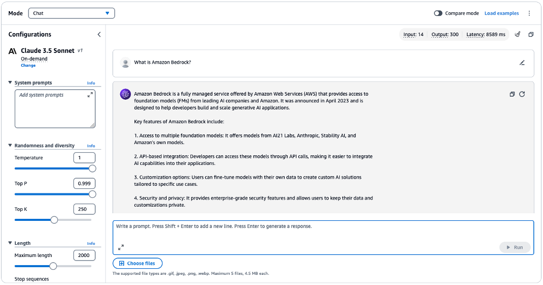 Chat/text playground where user asked What is Amazon Bedrock? and LLM answered to the question.