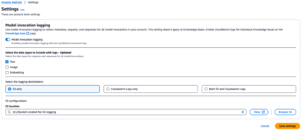 Amazon Bedrock settings page which shows Model invocation logging is enabled, Text data type chosen, S3 only is chosen as the logging destination and an S3 bucket is entered as the S3 location.
