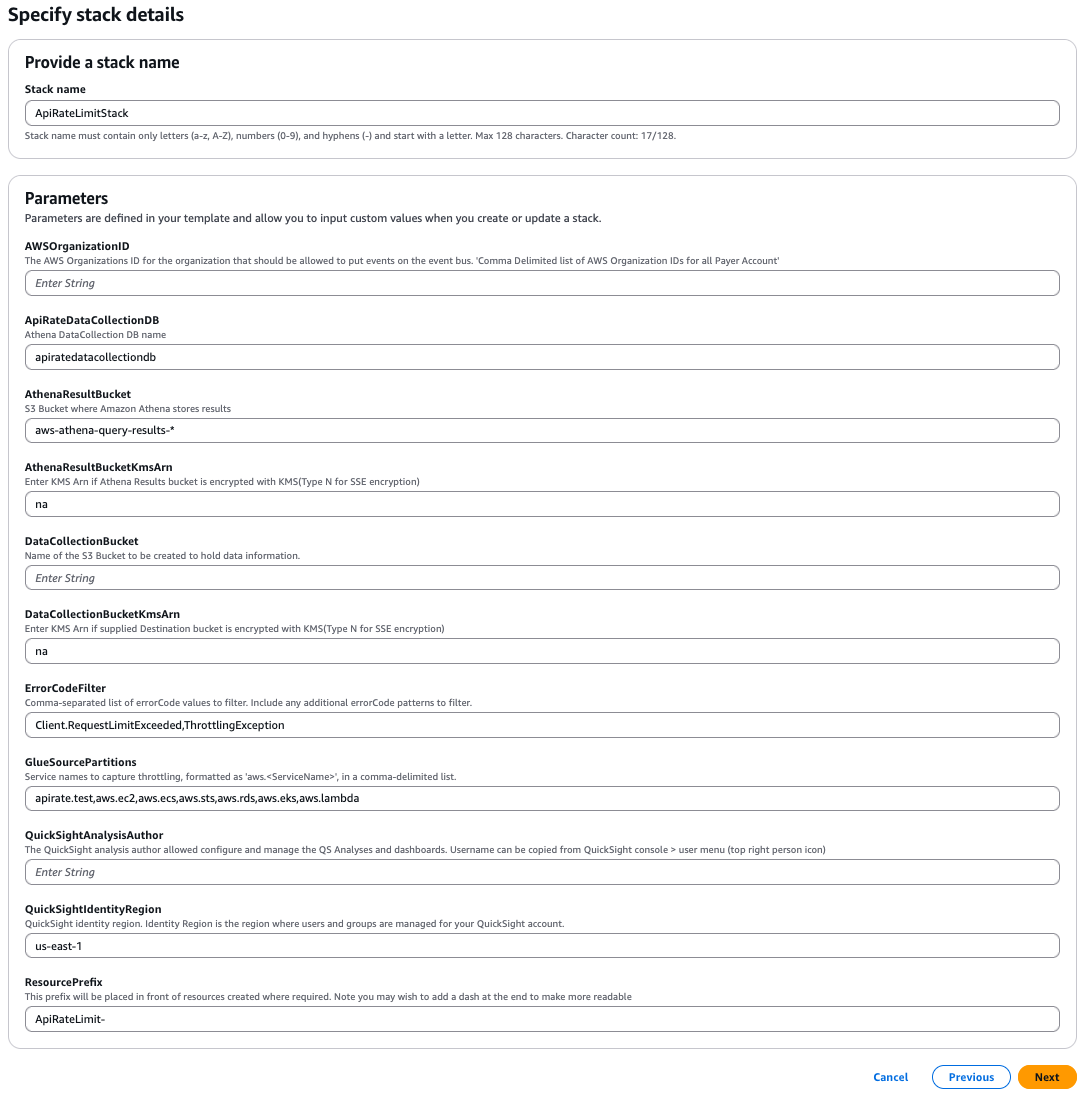 Example AWS cloudformation stack parameters