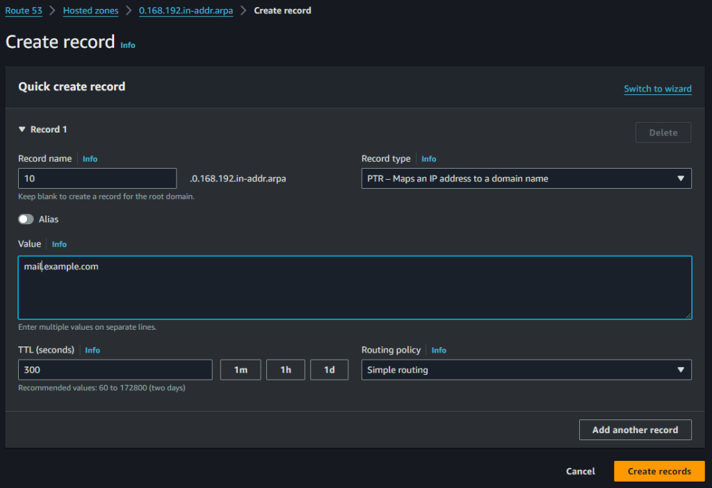 Criar registro DNS tipo PTR
