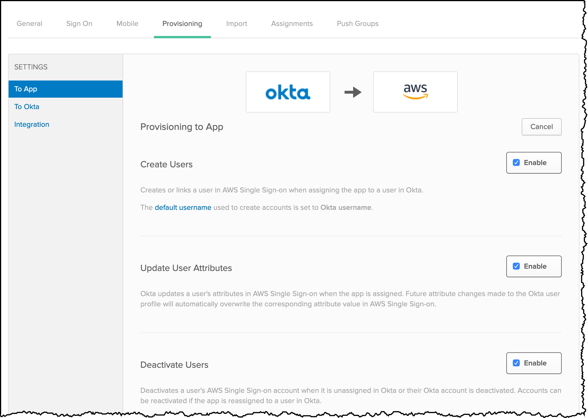 Okta Provisioning To App