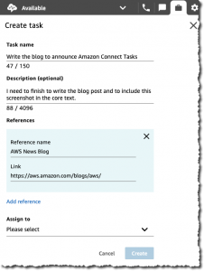 Create a task uisng Amazon Connect Tasks