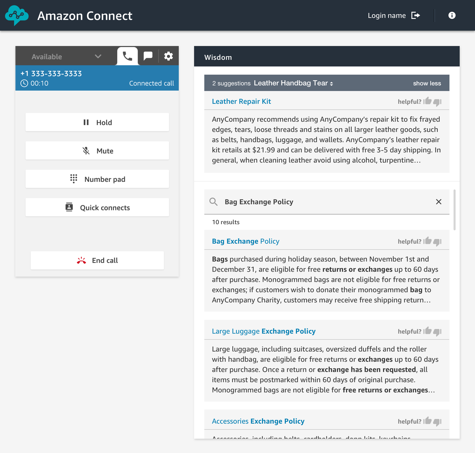 Amazon Connect Wisdom search results