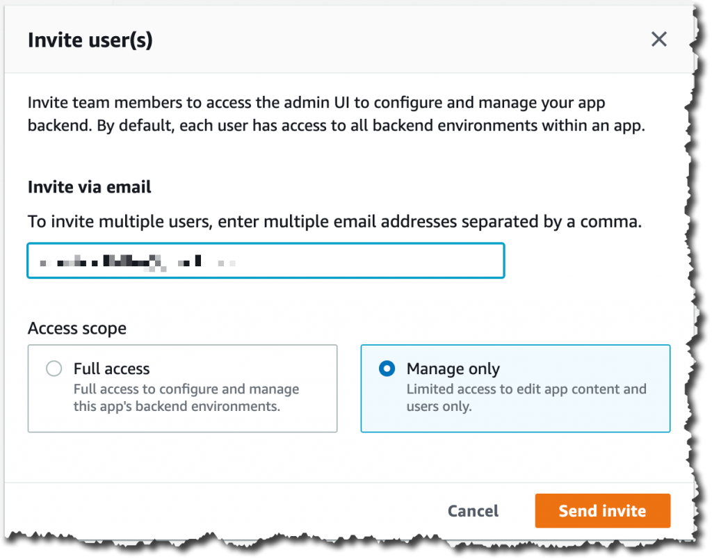 관리 UI에 새로운 사용자를 초대하는 스크린 샷