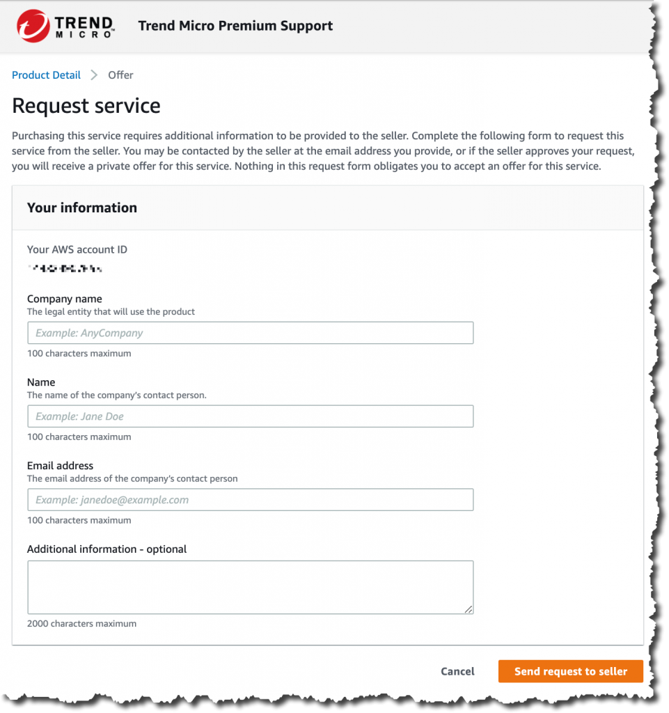 Screenshot of request service form