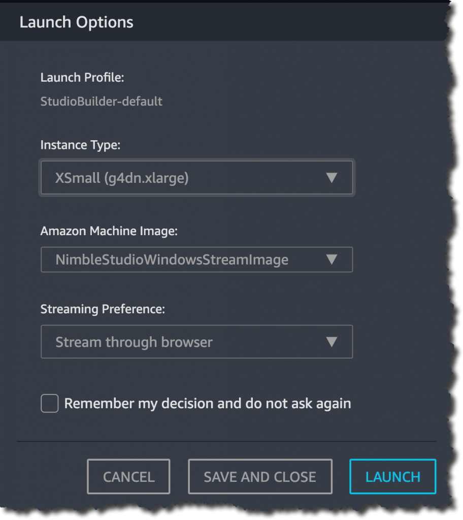 Screenshot of launching a new instance