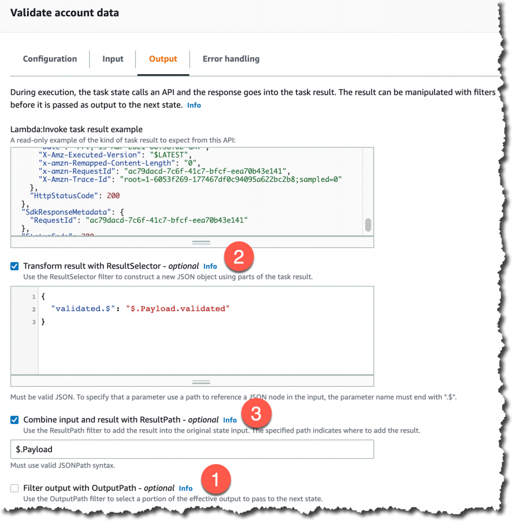 Screenshot of configuration for the Lambda output