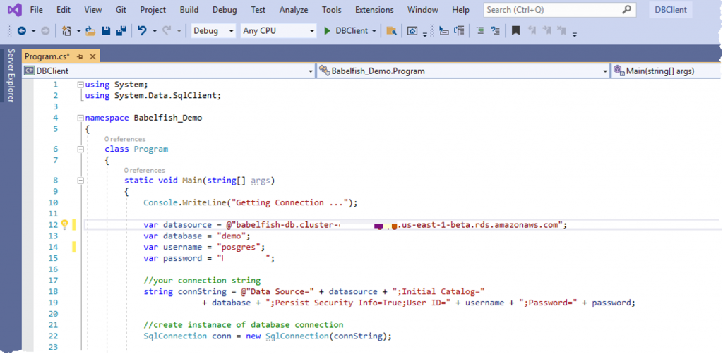 Visual Studio Code - Prepare app to connect to babelfish