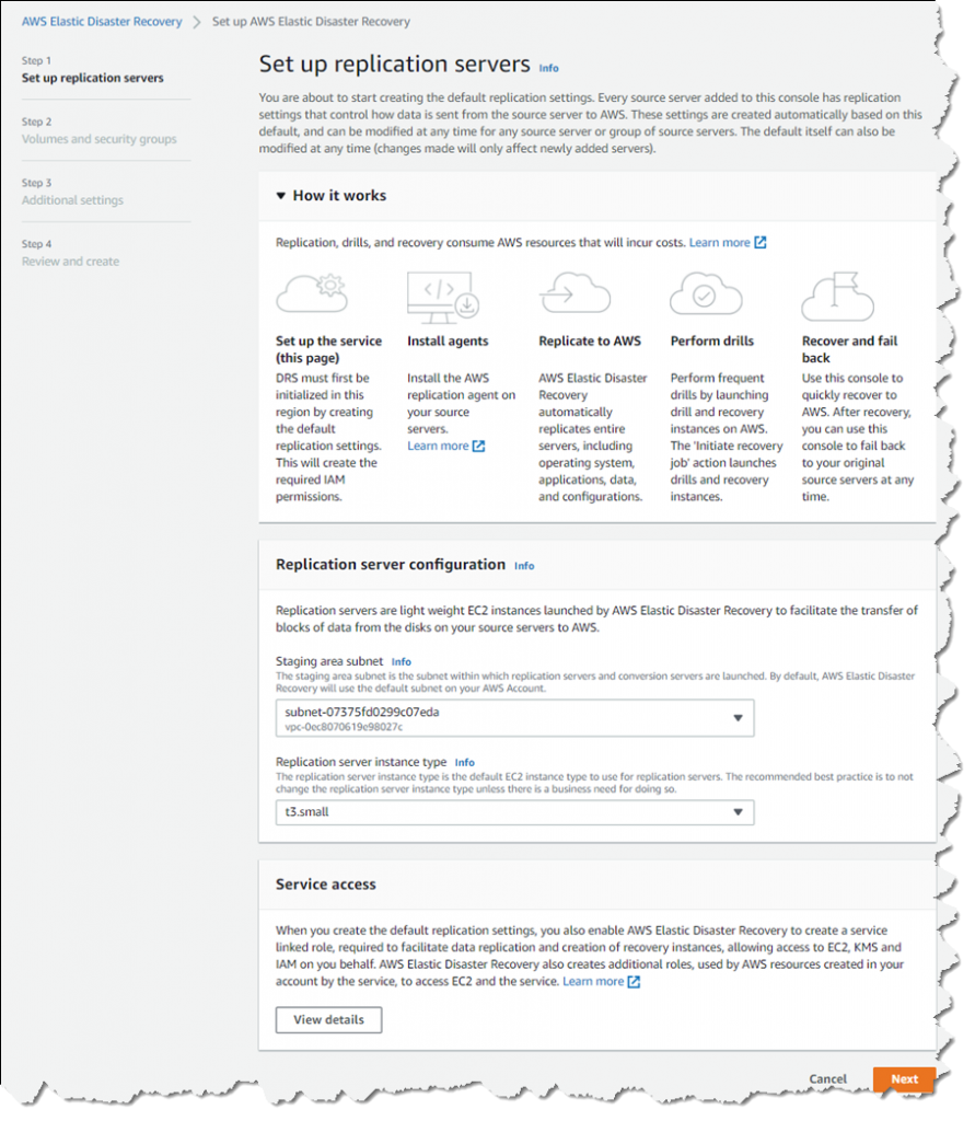 Choosing the staging area subnet and replication instance type for DRS