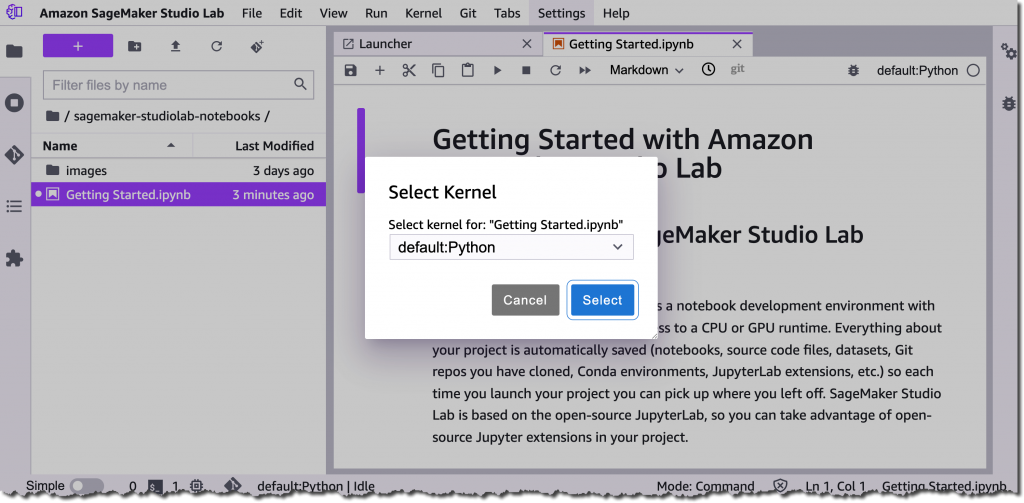 Amazon SageMaker Studio Lab - Select Kernel