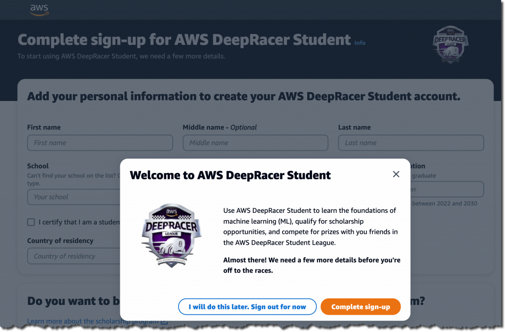 AWS DeepRacer Student Complete Sign Up