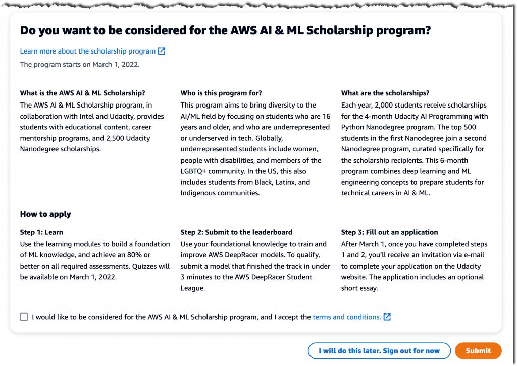 AWS DeepRacer Student Opt In To Scholarship