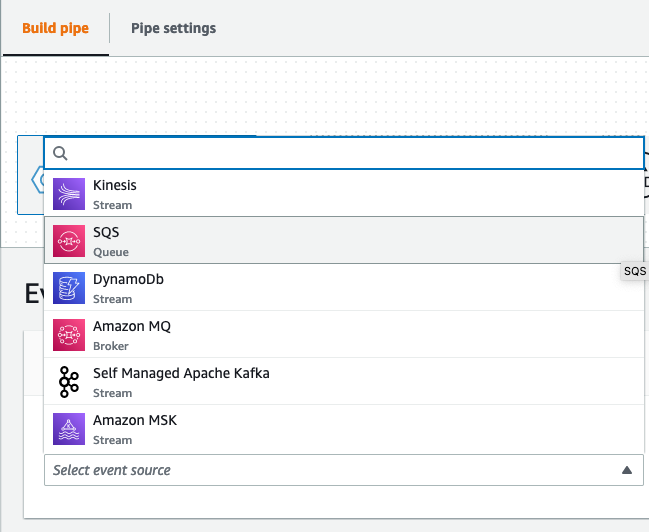 이벤트 소스로 사용할 수 있는 서비스 목록