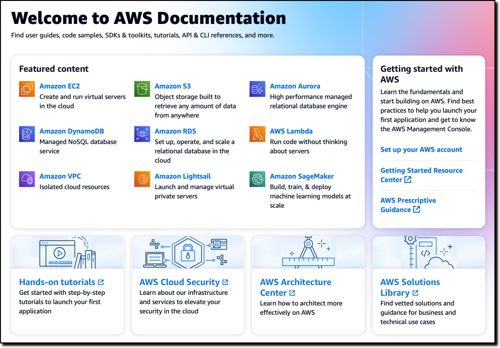 AWS Documentation home page screenshot.
