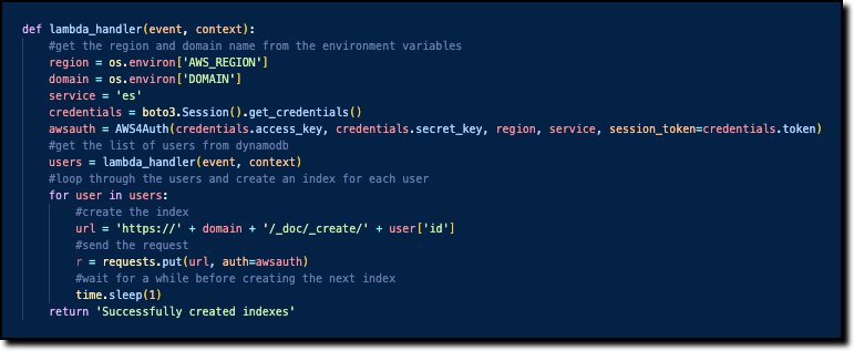 CodeWhisperer を利用して AWS Lambda 関数のハンドラーを生成するコードエディタのスクリーンショット。