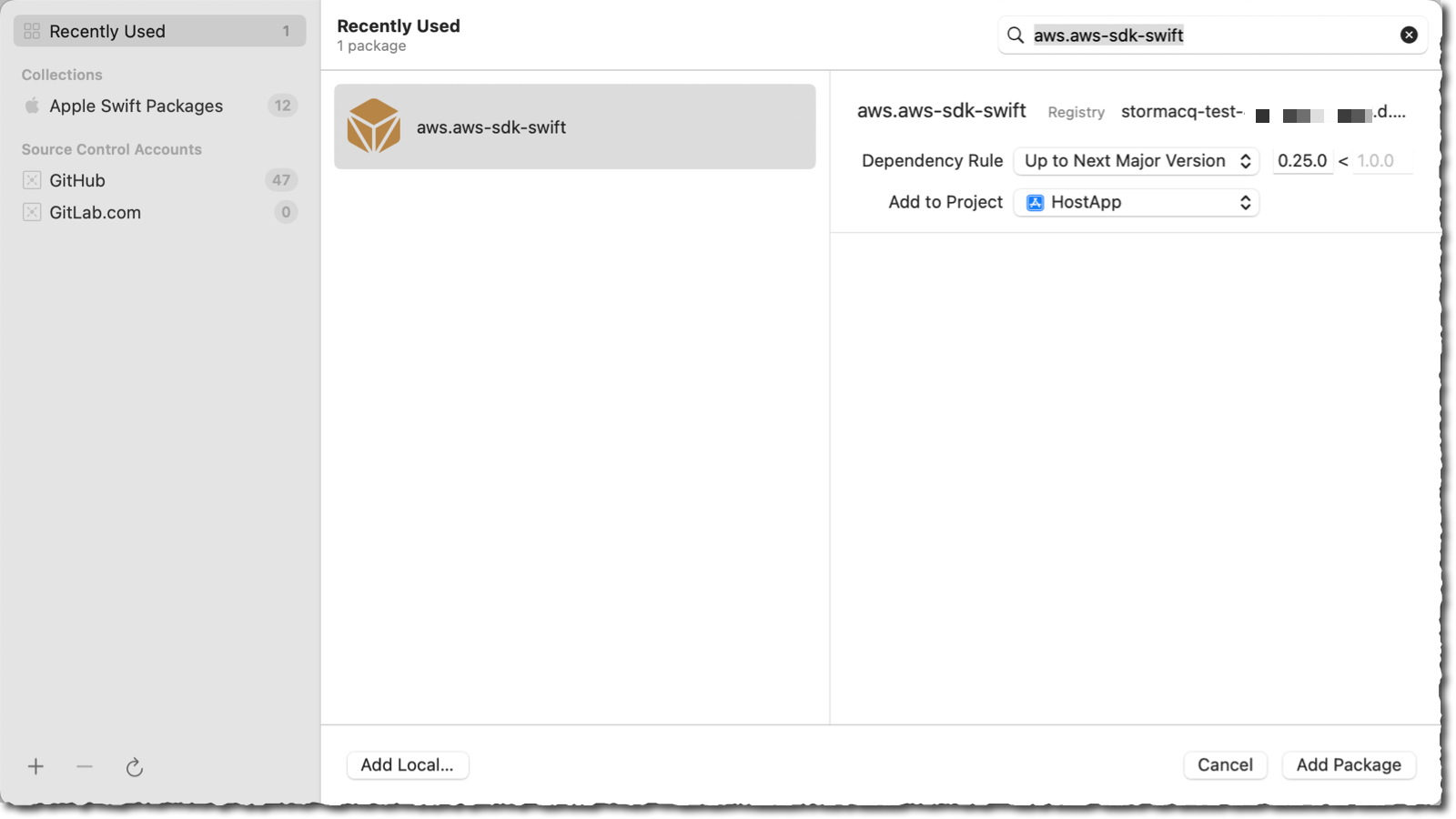 Xcode의 Codeartifact에서 비공개 패키지 추가