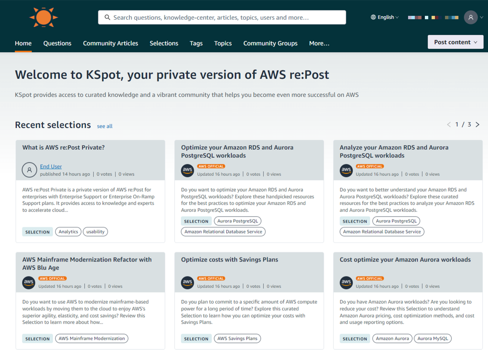 AWS re:Post Private - Landing page 1