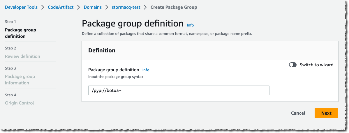 CodeArtifact - package group definition