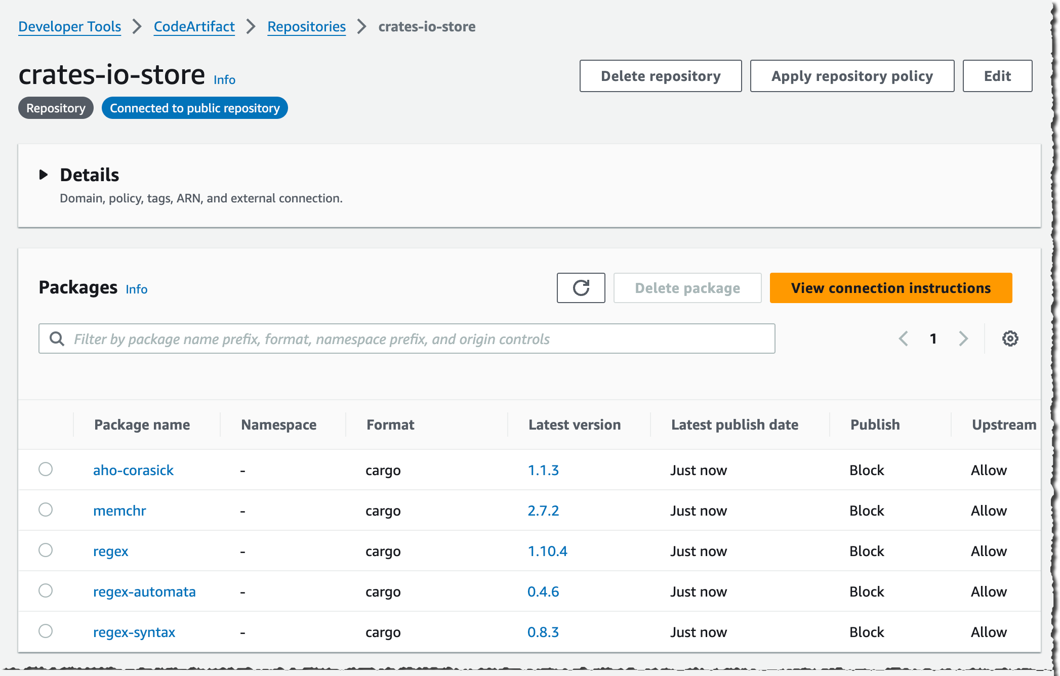 CodeArtifact cargo packages list