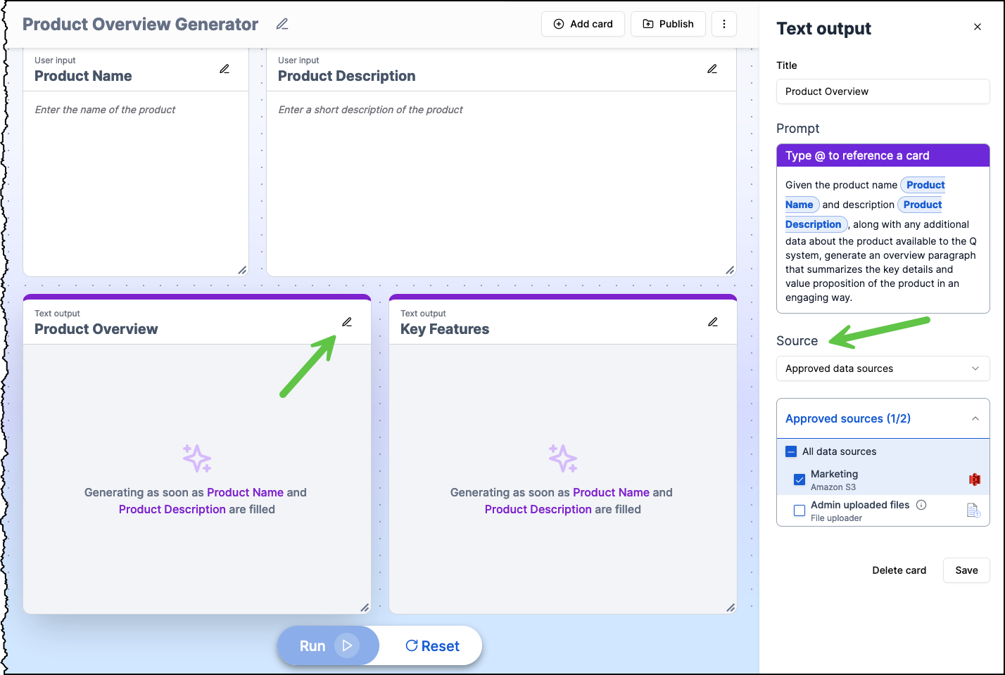 Edit Text Output Card Prompt and select source