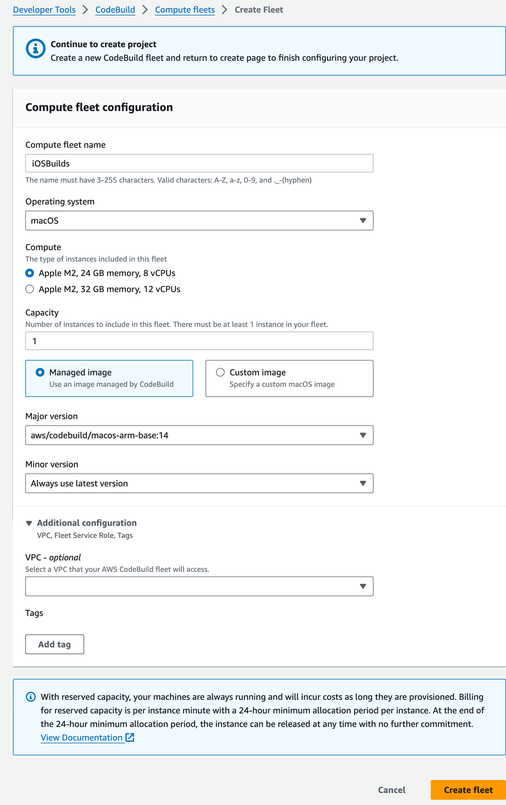 CodeBuild - create fleet