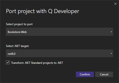 Popup of Port project with Q Developer
