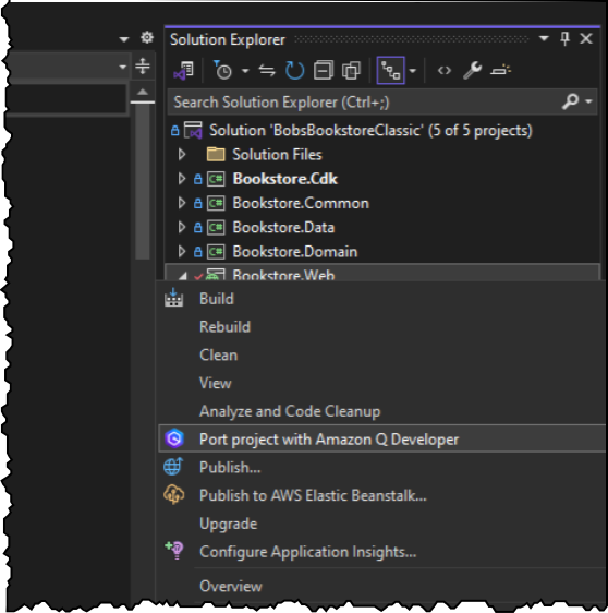 Context menu of Solution Explorer to choose Port project with Amazon Q Developer
