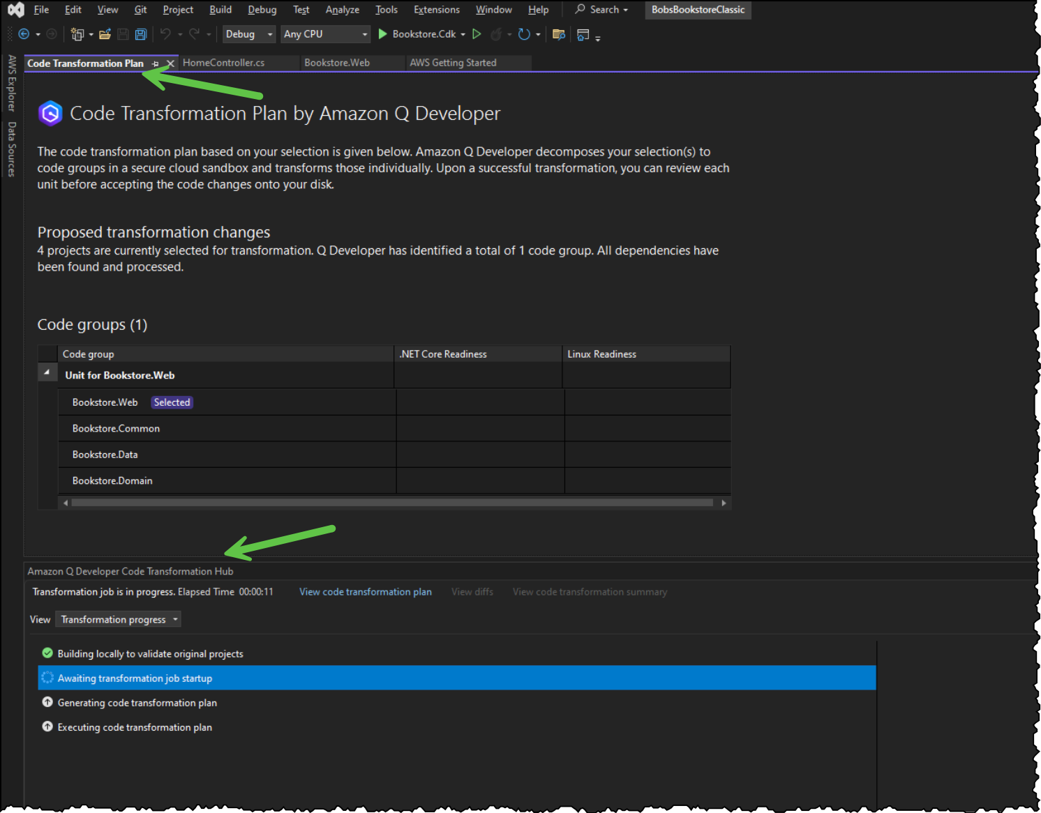 Code Transformation Plan Window and AmazonQ Developer Code Transformation Hub Window