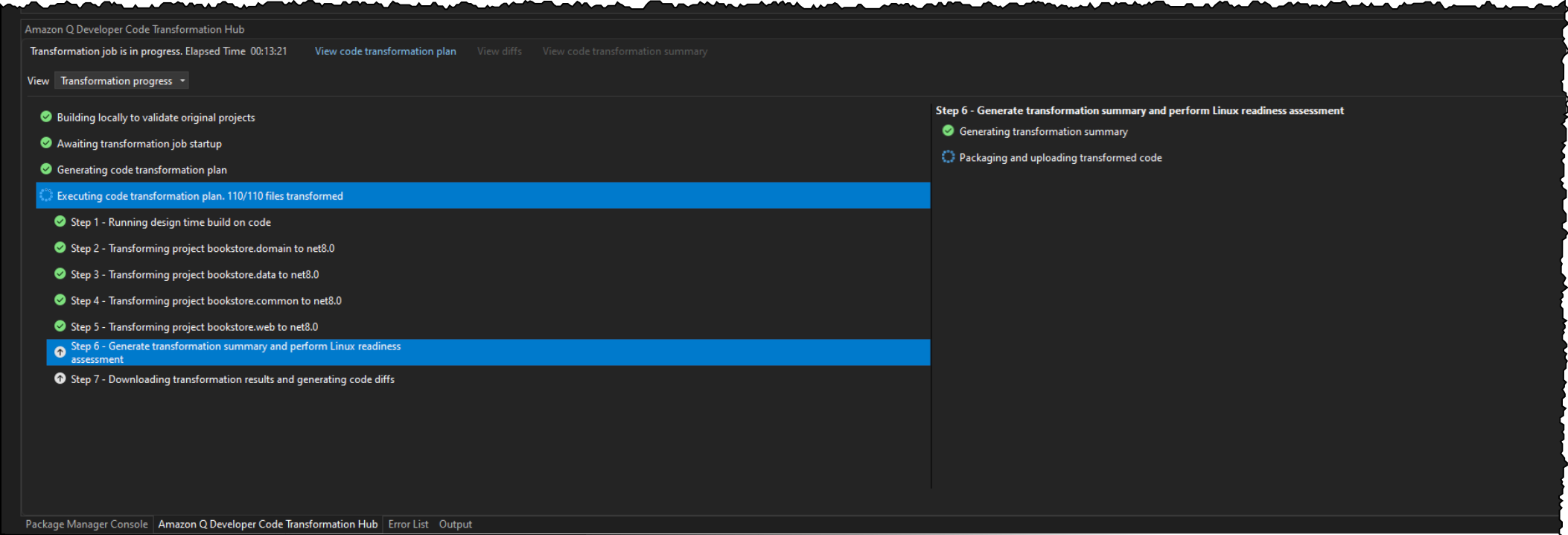 Showing transformation progress in Amazon Q Developer Code Transformation Hub