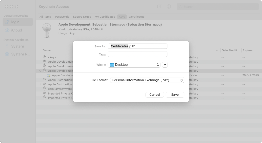 Keychain에서 p12 파일 내보내기