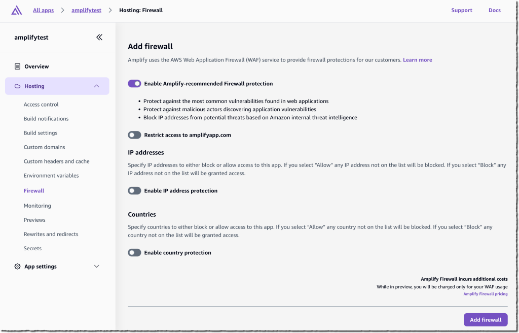 AWS WAF integration in AWS Amplify Hosting
