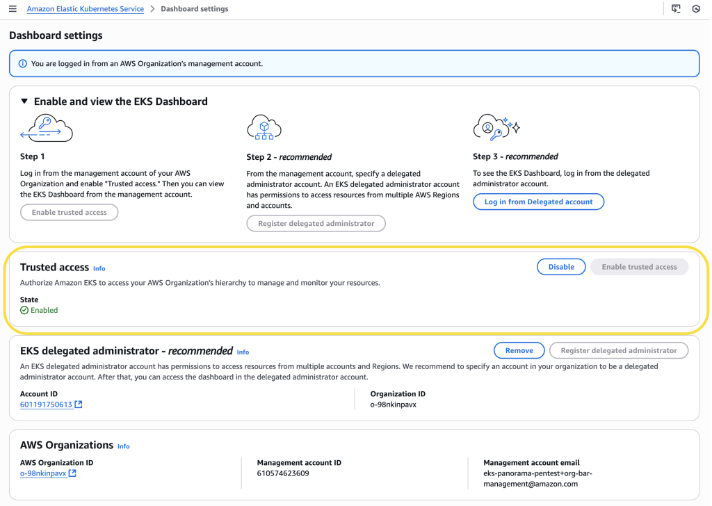 Screenshot of EKS Dashboard settings