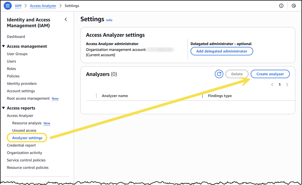 AWS コンソールでアナライザーを作成するスクリーンショット