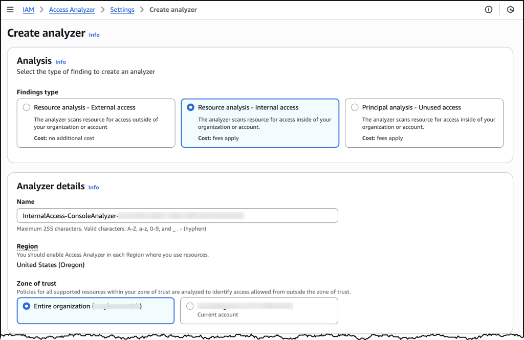 AWS コンソールでアナライザーを作成するスクリーンショット