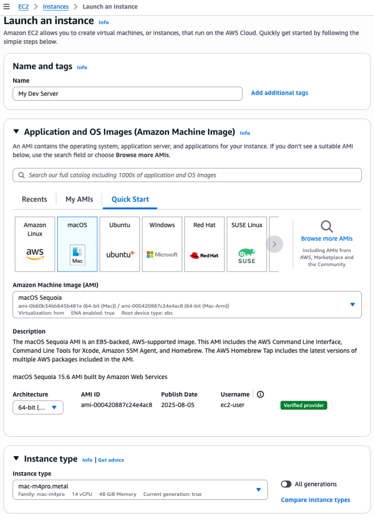 EC2 Mac M4 — 专属主机启动详情