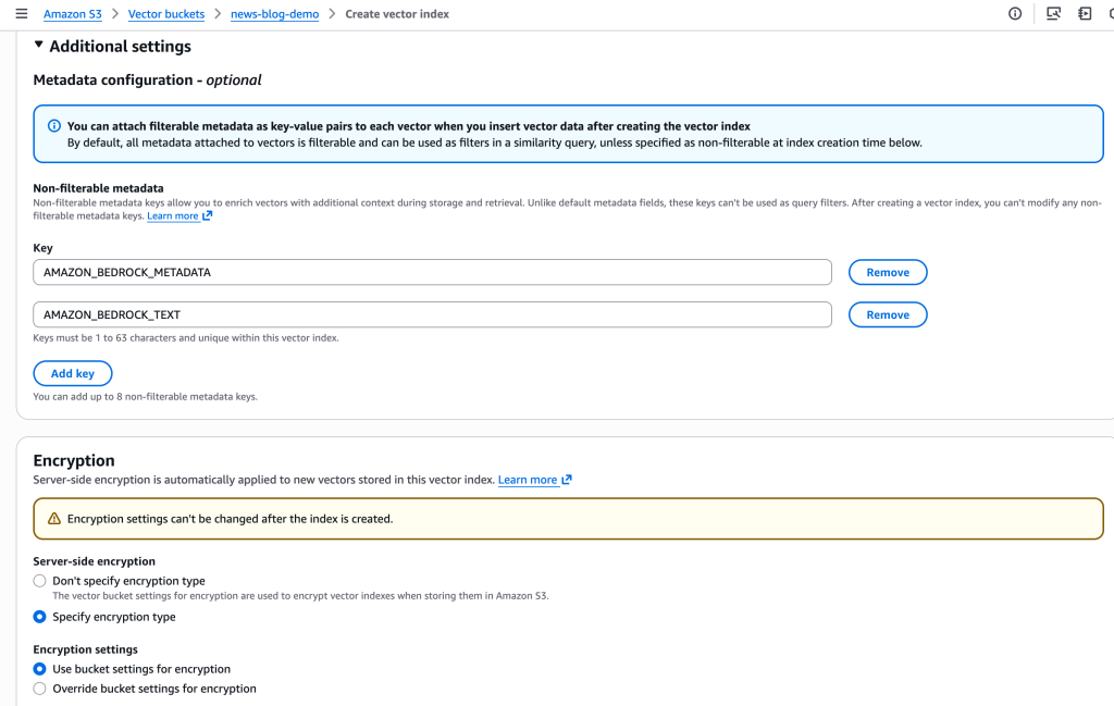 S3 Vector console - create index