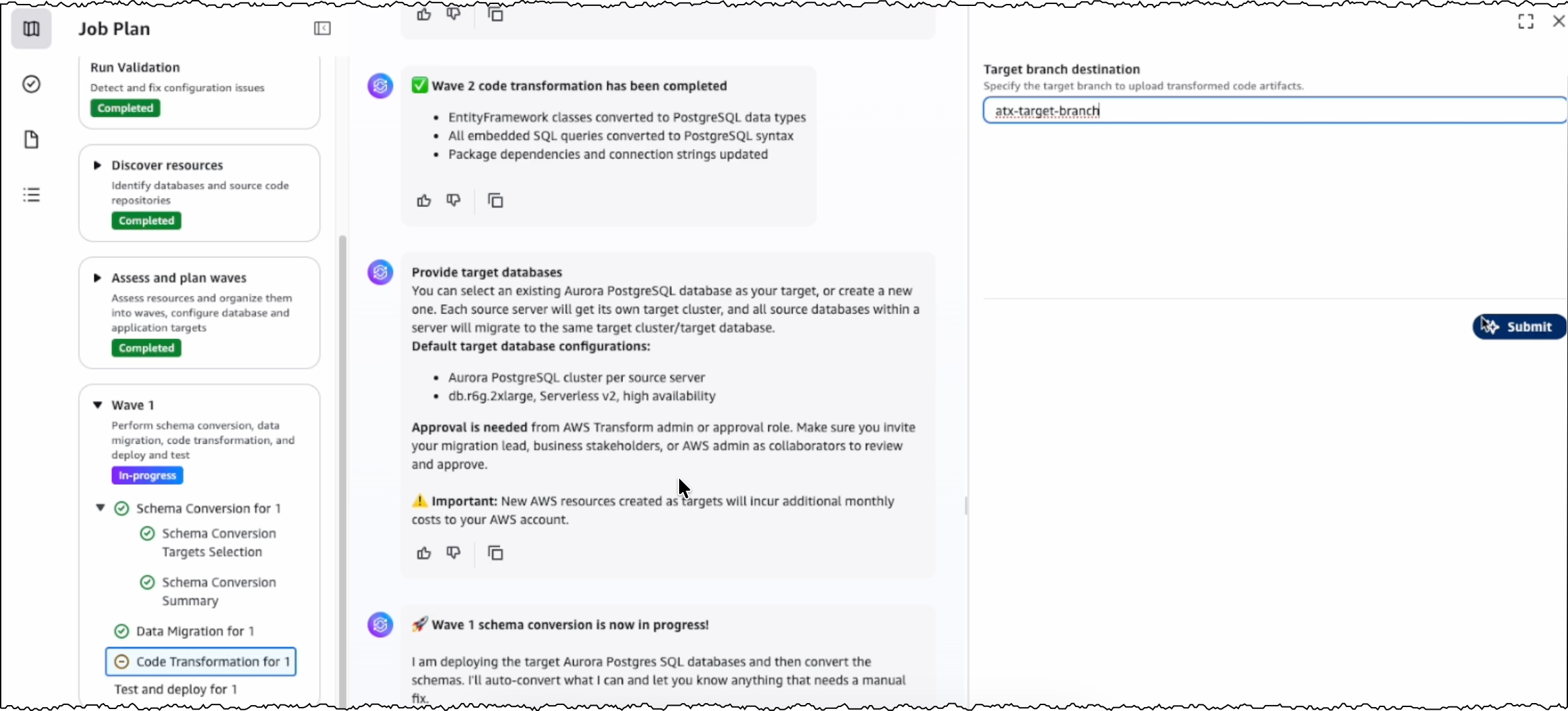 Specify target branch destination for transformed codebase