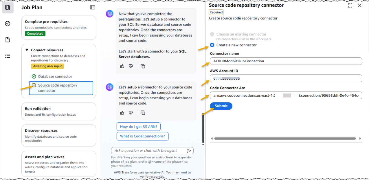 Add a source code connector by adding Connection name, AWS Account ID and Code Connector Arn
