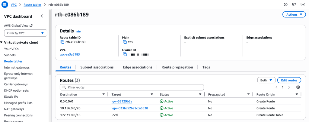 VGW로 연결된 VPC 경로