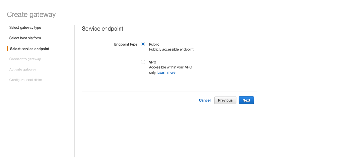 Select service endpoint type (public or VPC)