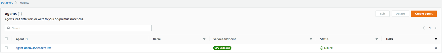Agents tab of the DataSync Console